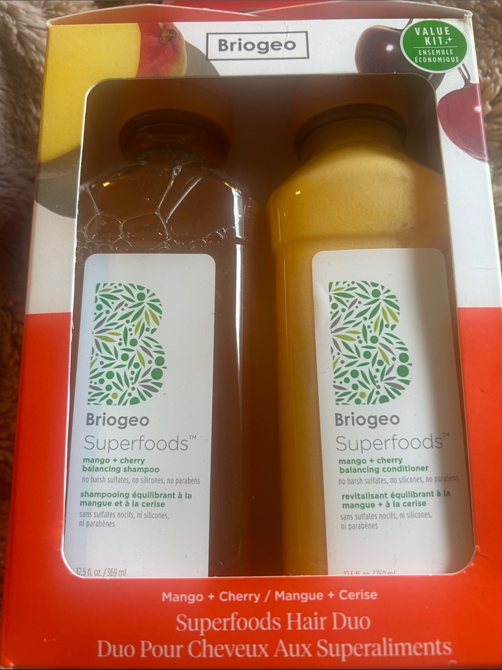 Briogeo Superfoods Hair Duo Mango + Cherry - balancing shampoo and conditioner.